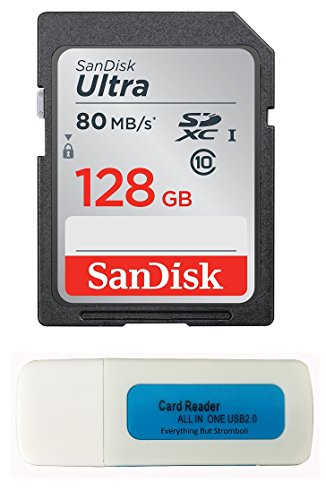 Canon EOS Rebel T5 Memory Card SanDisk 128GB SD Ultra SDXC Memory Card 80mb/s with Everything But Stromboli Memory Card Reader SDSDUNC-0128G-GN6IN