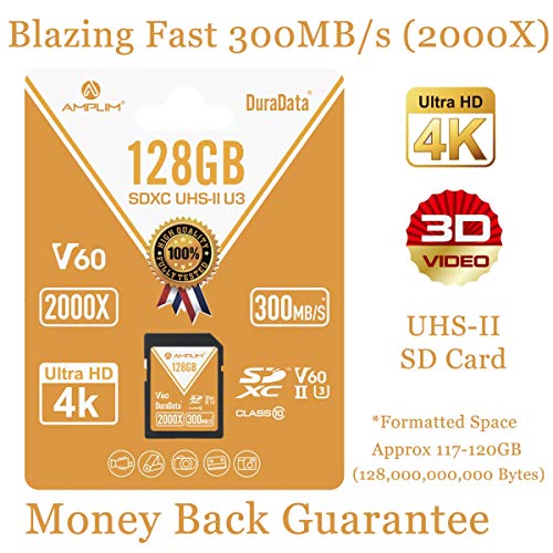 128GB V60 UHS-II SDXC SD Card – Amplim Blazing Fast 300MB/S (2000X) UHS2 Extreme High Speed 128 GB/128G SD XC Memory Card. 4K 8K Video Camera UHSII Card for Fujifilm, Nikon, Olympus, Panasonic, Sony