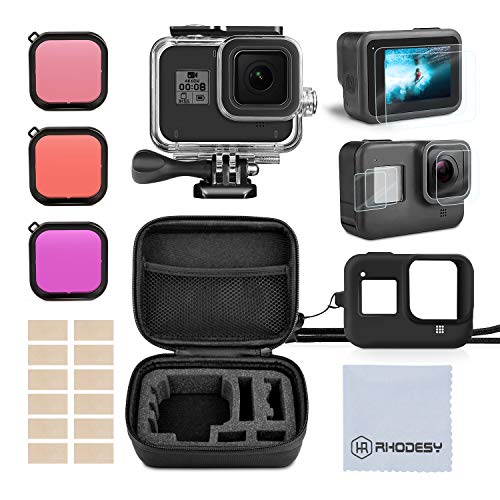 Accessory Kit for Gopro Hero 8, Rhodesy Housing Case and Filter Kit Including Waterproof housing case, Filter, Tempered Glass Screen Protector, Anti-Fog Inserts, Carrying Case for Gopro Hero 8 Camera